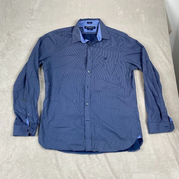 American Eagle Outfitters Men's Shirt Large Blue Striped Slim Fit Long Sleeve - Picture 7 of 8